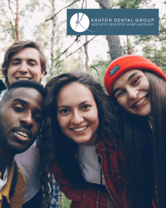 Four Friends smiling and hiking outside